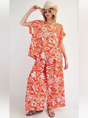 ES55- Bright Breathable Knit Floral Wide-Leg SET